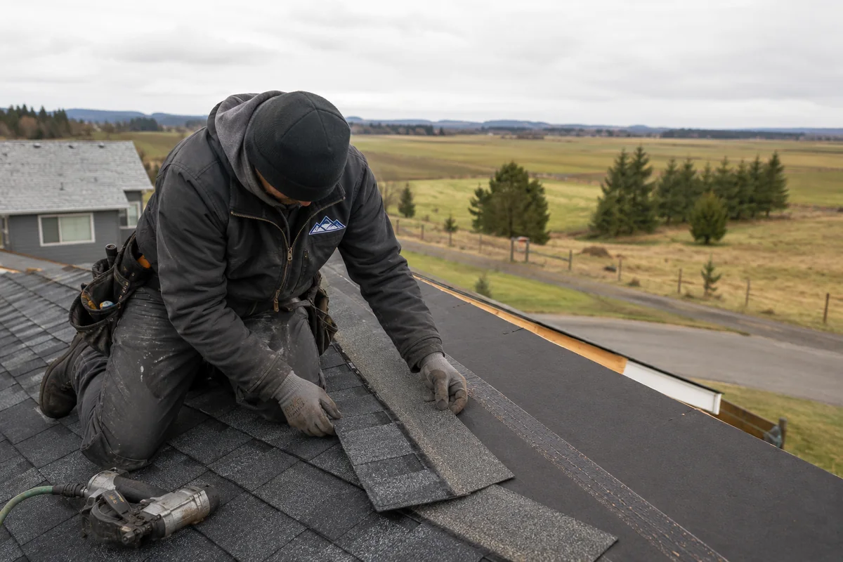 Roofing crew working on a property in Arlington, WA