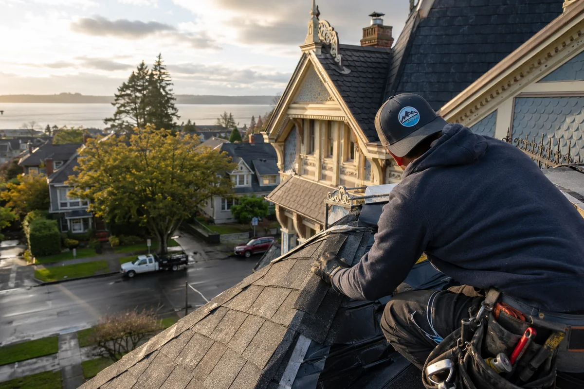 Historic Overlay Zone Roof Replacement underway on a property in Everett, WA
