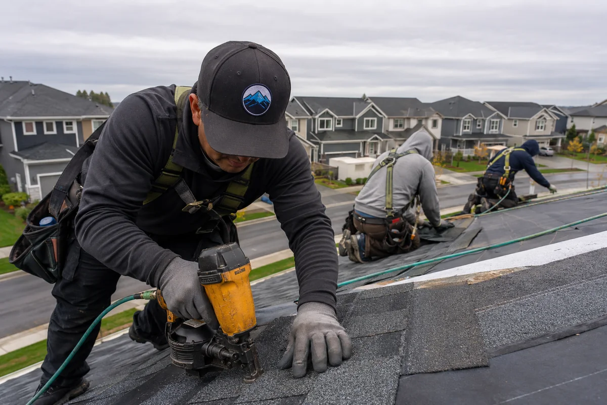 Roofing crew working on a property in Marysville, WA